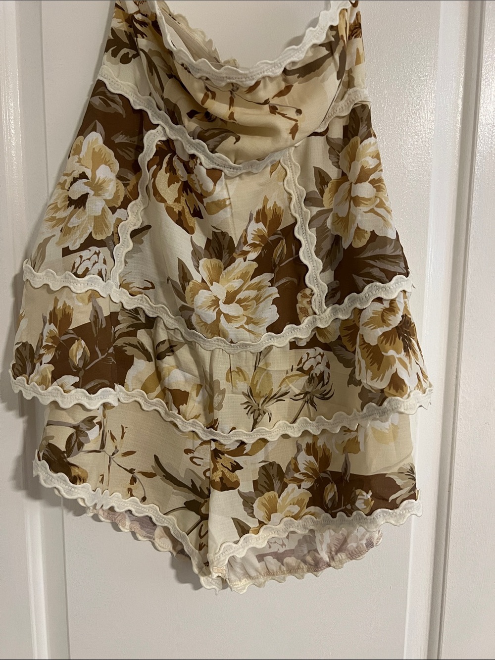 Altar'd State Floral Tiered Ruffle Shorts in Cream and Brown